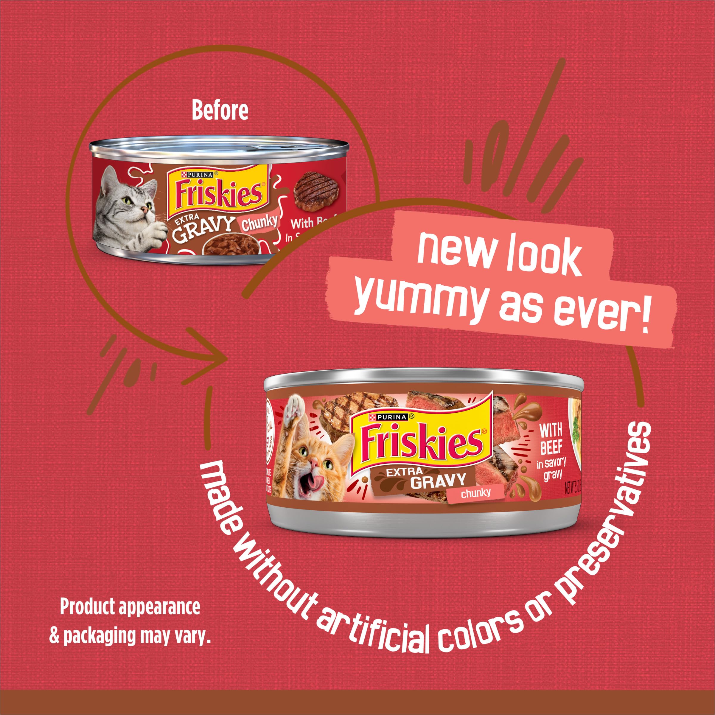 Friskies Extra Gravy: trozos de carne en salsa húmeda, textura atractiva para gatos.