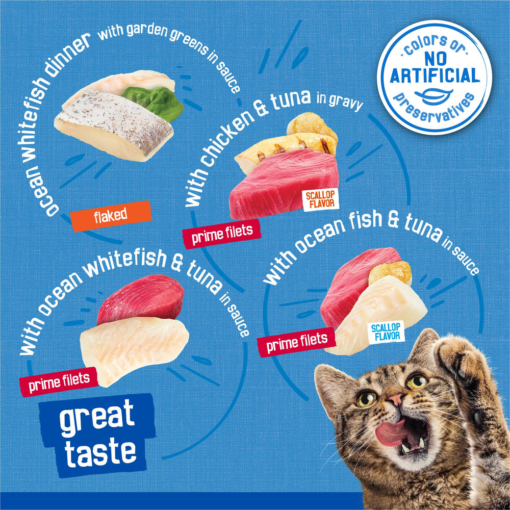 Friskies filetes con pollo y atún en salsa, combinación deliciosa.