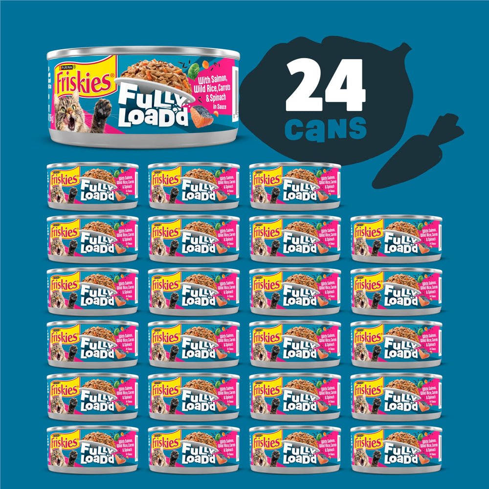 Friskies Fully Load’d zanahoria-espinaca, bocado nutritivo para gatos adultos.