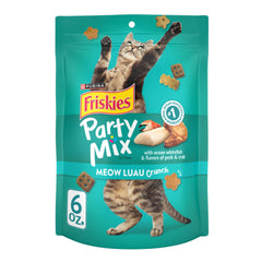 Friskies Party Mix Meow Luau Crunch, bocaditos tamaño ideal para mordidas seguras en gatos adultos.