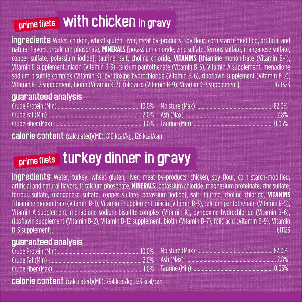 Friskies Gravy: variedad de texturas pollo y pavo para mayor interés.