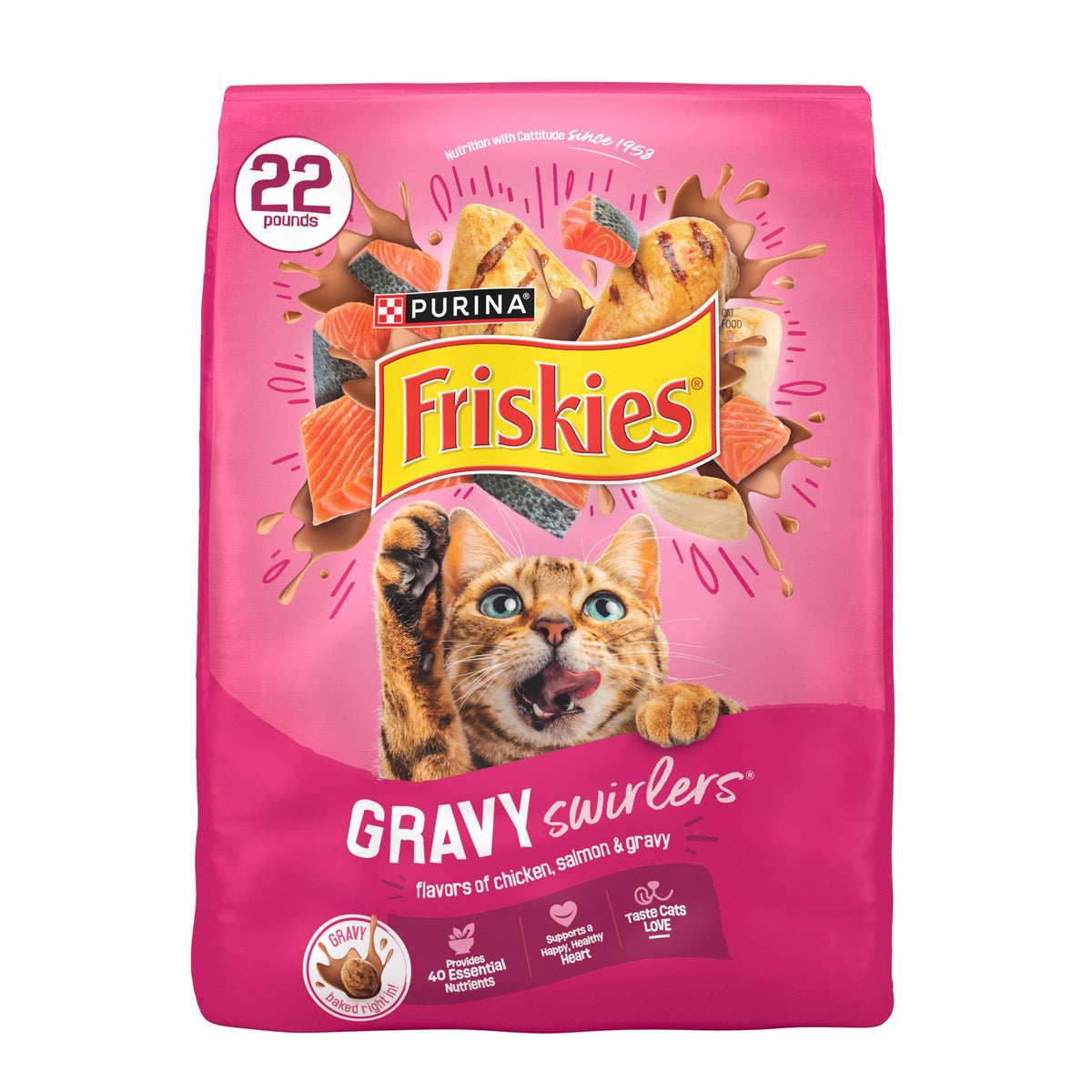 Friskies Gravy Swirlers en bol con pollo y salmón, sabor apetitoso para gatos.