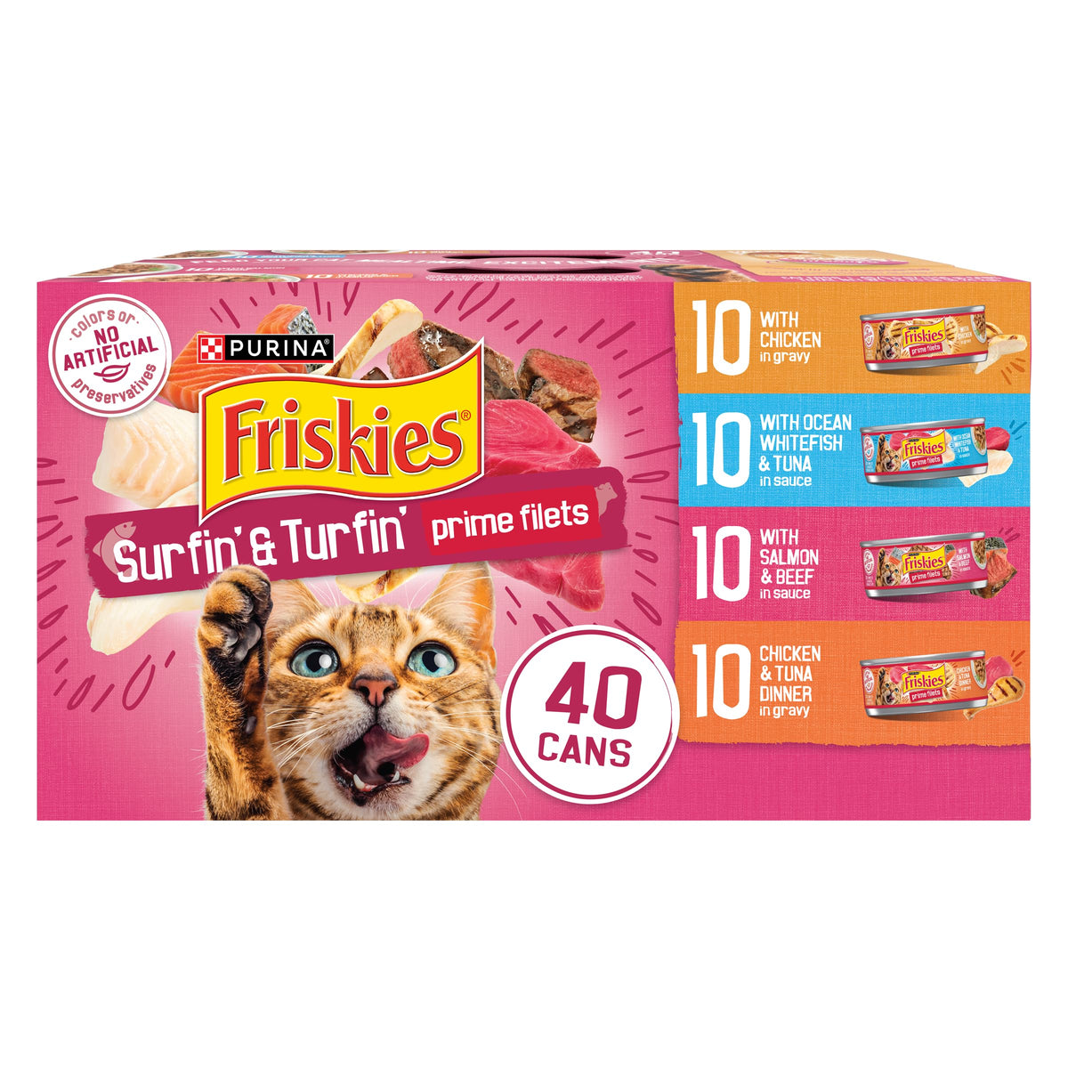 Friskies Gravy Wet Cat Food variedad Surfin y Turfin en 40 latas de 5.5 oz, ideal para variedad diaria.