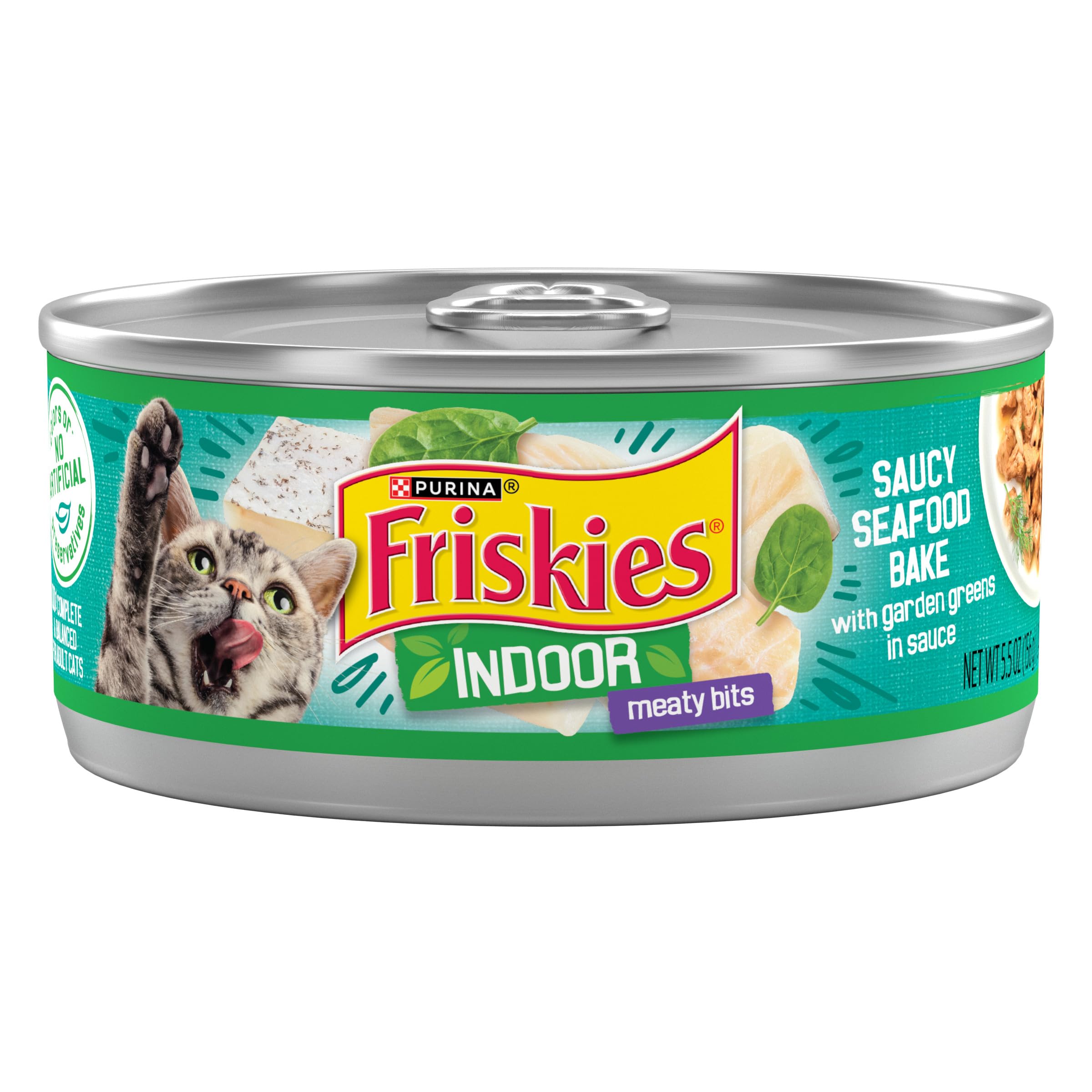 Friskies Indoor Saucy Seafood Bake, lata: trozos de mariscos para gusto intenso en gatos adultos