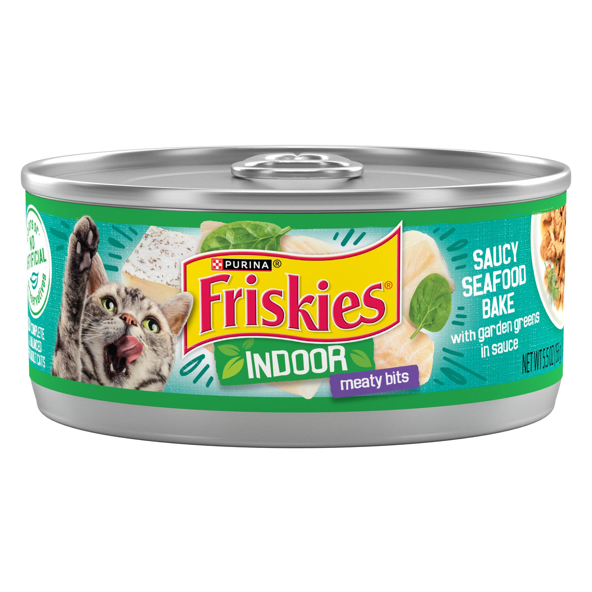 Friskies Indoor Saucy Seafood Bake, lata: trozos de mariscos para gusto intenso en gatos adultos