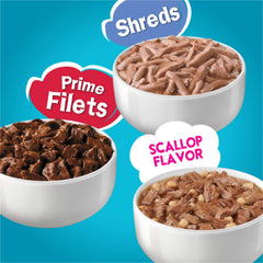 Friskies lata filetes primos marinos, ofrece textura tierna para una comida gourmet.