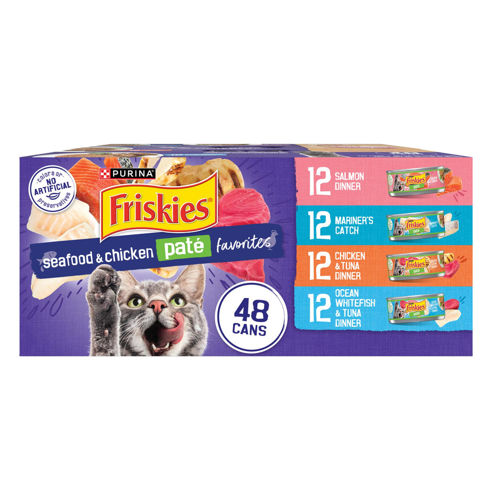 Friskies lata pate mariscos y pollo, textura sedosa para cada comida