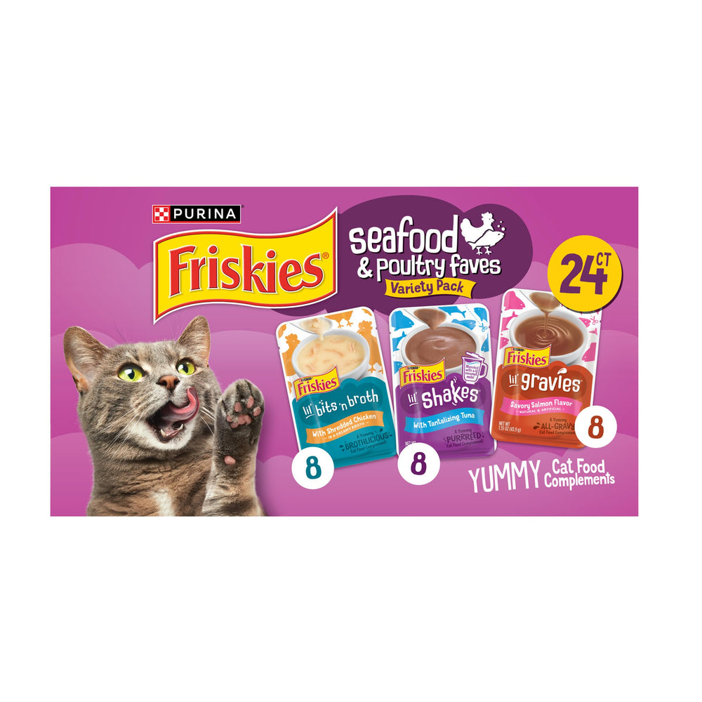 Friskies: mezcla leche de coco, porción individual; ideal como topping o snack para gatos.