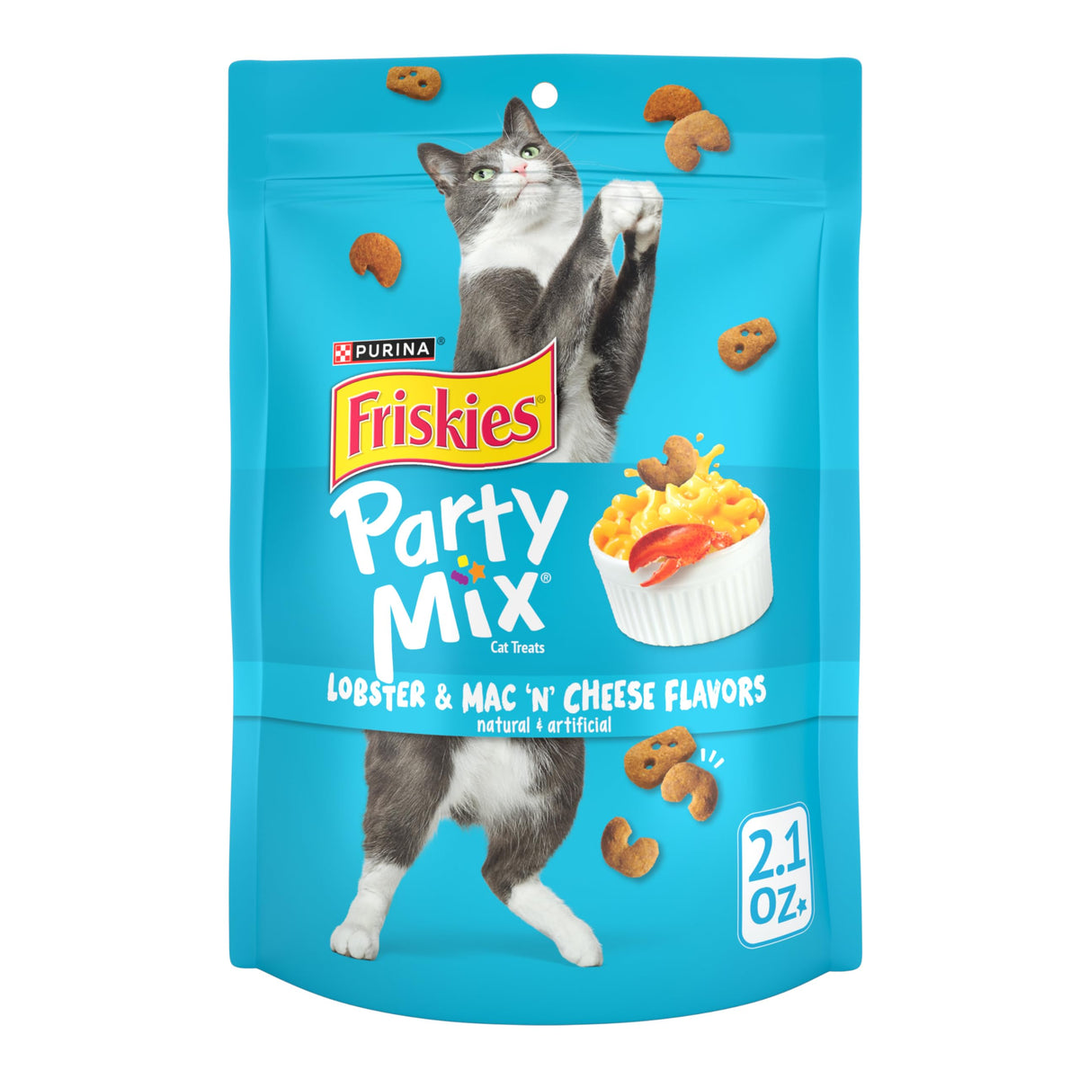 Friskies Party Mix Langosta Mac N' Cheese: trozos crujientes con interior tierno.