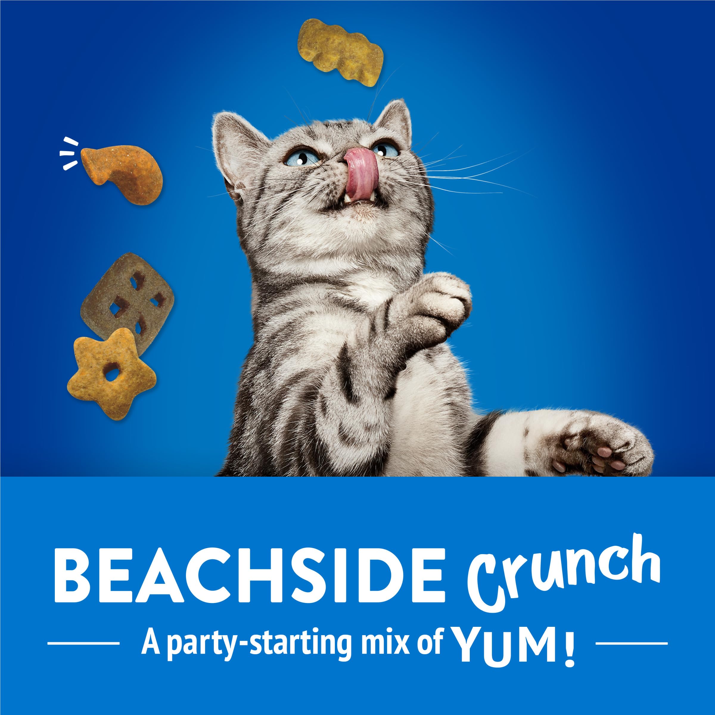 Friskies Party Mix Beachside Crunch pez blanco del mar, ingrediente principal y atractivo marino.