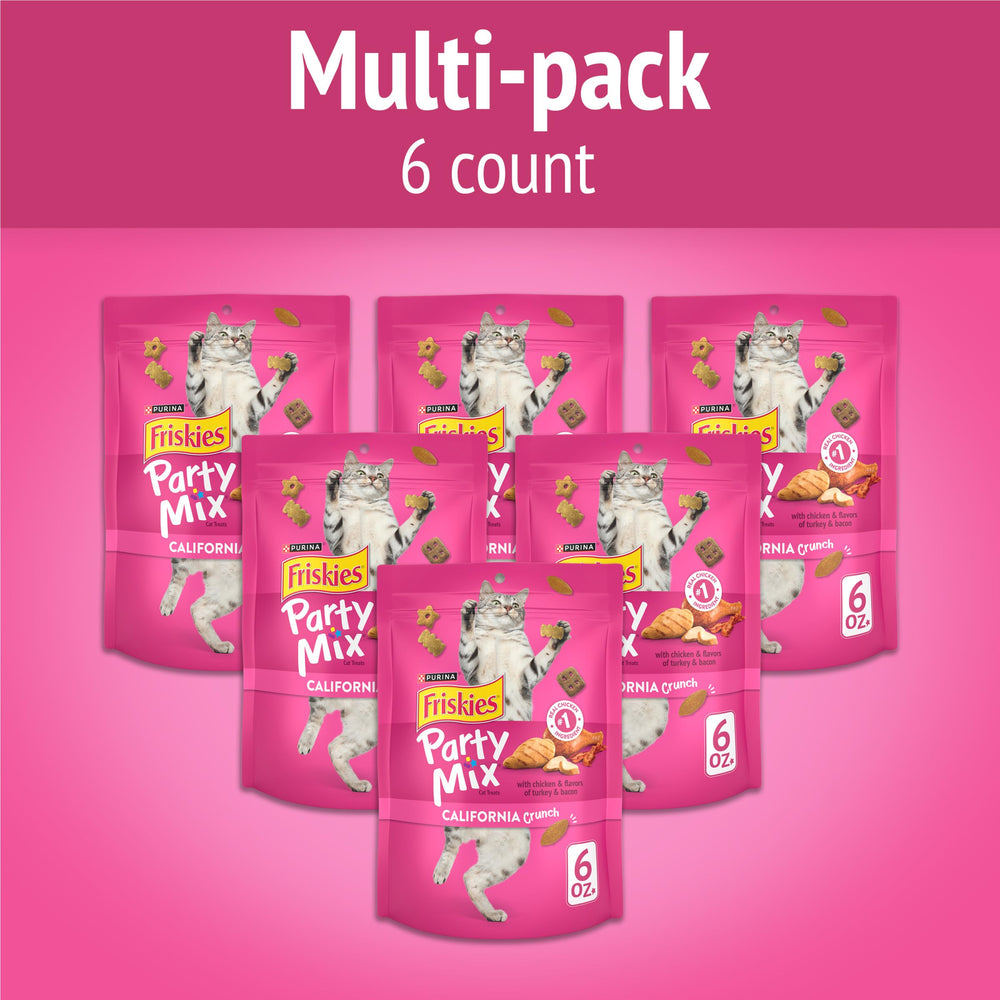 Friskies Party Mix California Crunch pavo y tocino, sabor atractivo para gatos adultos.