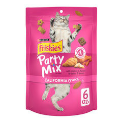 Friskies Party Mix California Crunch pollo real, textura crujiente para limpiar dientes y mantener interés.