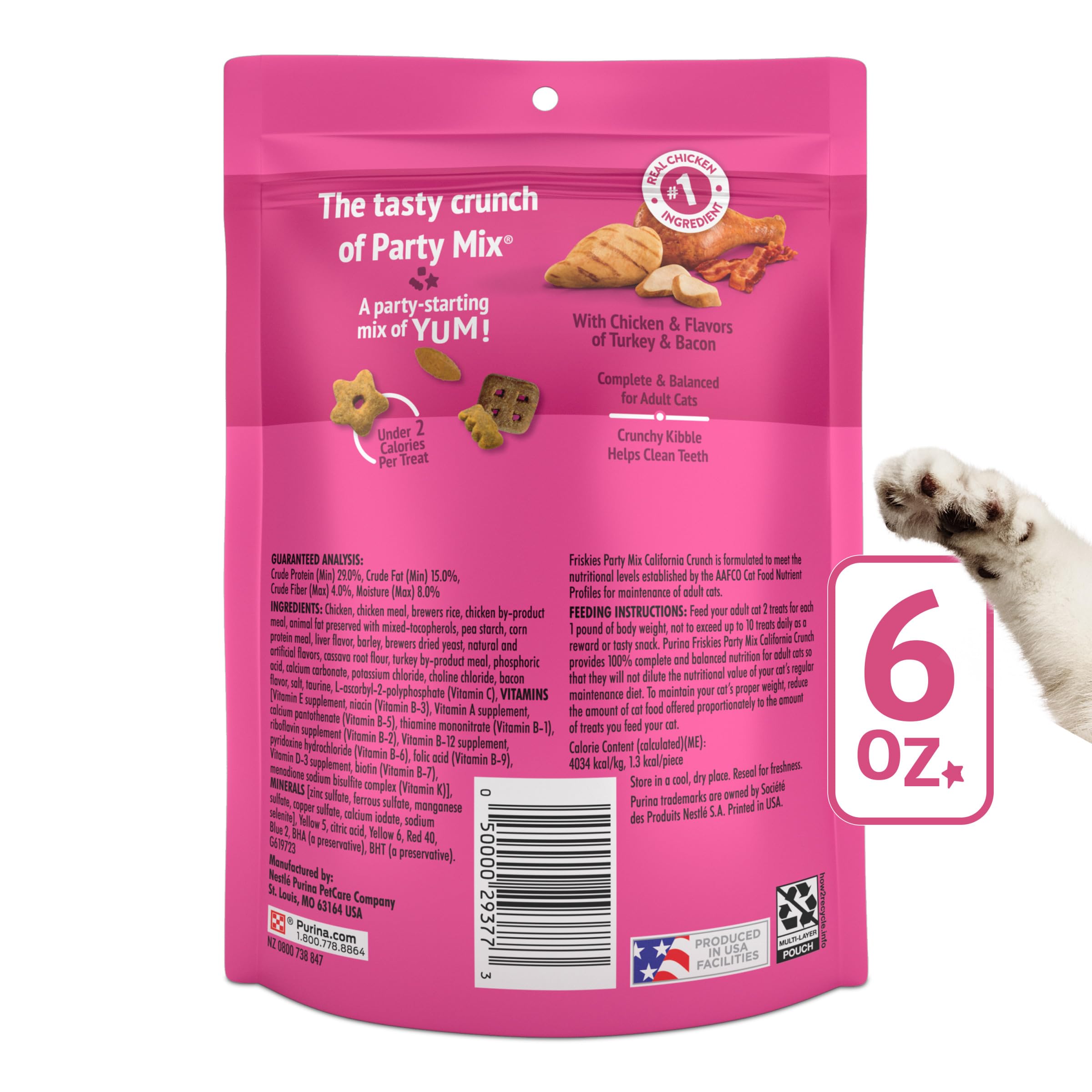 Friskies Party Mix California Crunch snacks para gatos, merienda sabrosa y ligera.