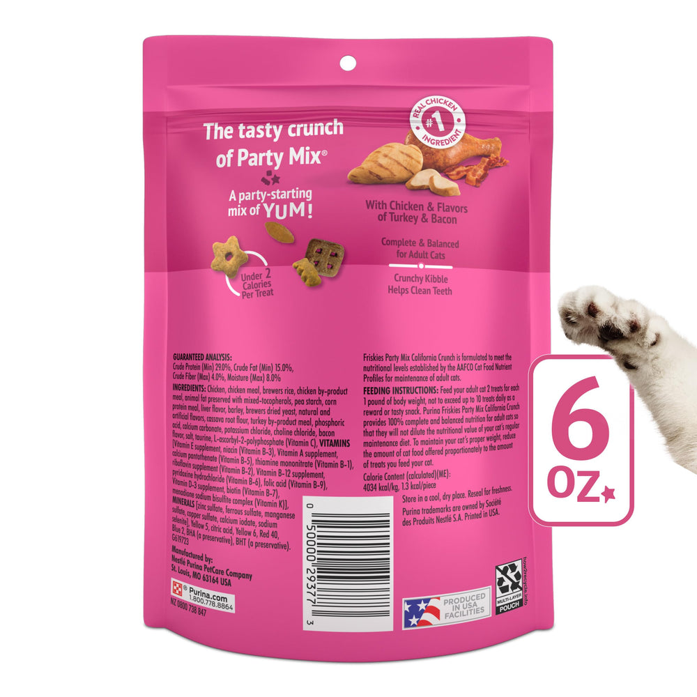 Friskies Party Mix California Crunch snacks para gatos, merienda sabrosa y ligera.