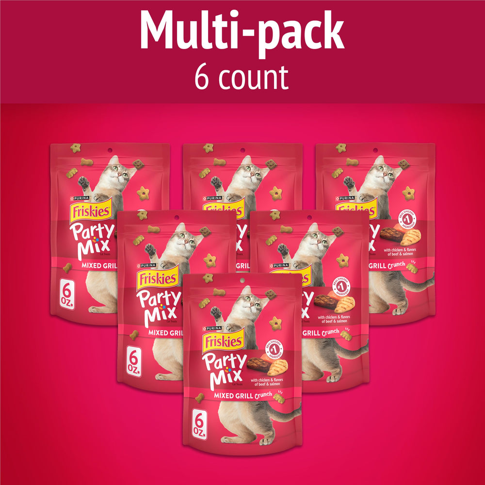 Friskies Party Mix Crujiente Bocados de Pollo, Res y Salmón, sabor completo para gatos.