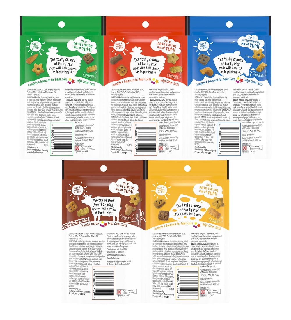 Friskies Party Mix Crunch Locura de Queso: snack sabroso con calorías controladas por pieza.