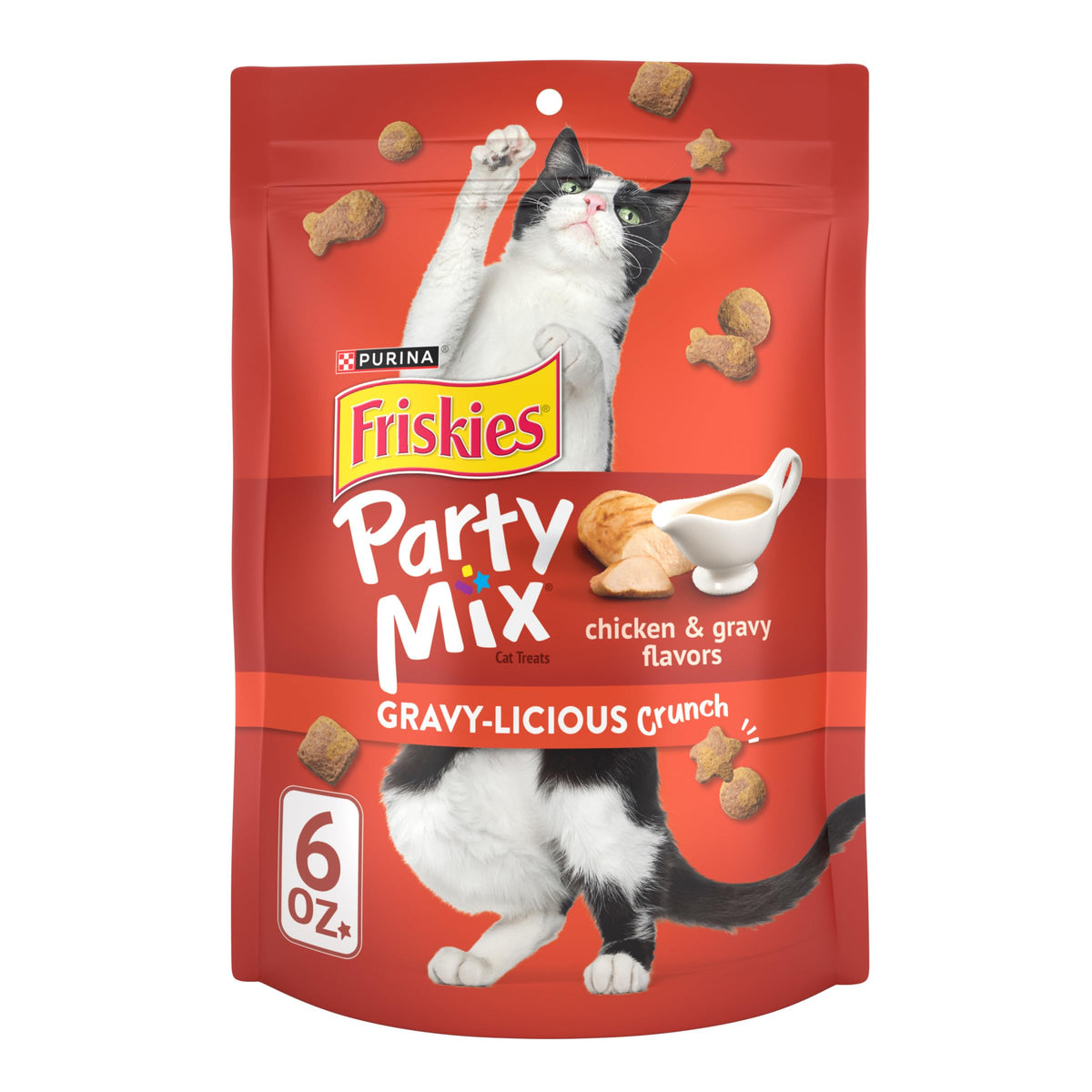 Friskies Party Mix Gravy-licious con trocitos crujientes de pollo para snack sabroso
