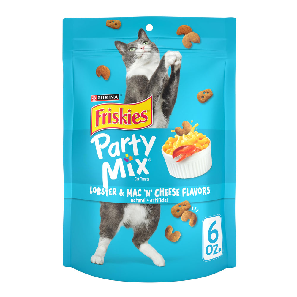 Friskies Party Mix Langosta y Queso: bolsitas de 6 oz listas para merendar.