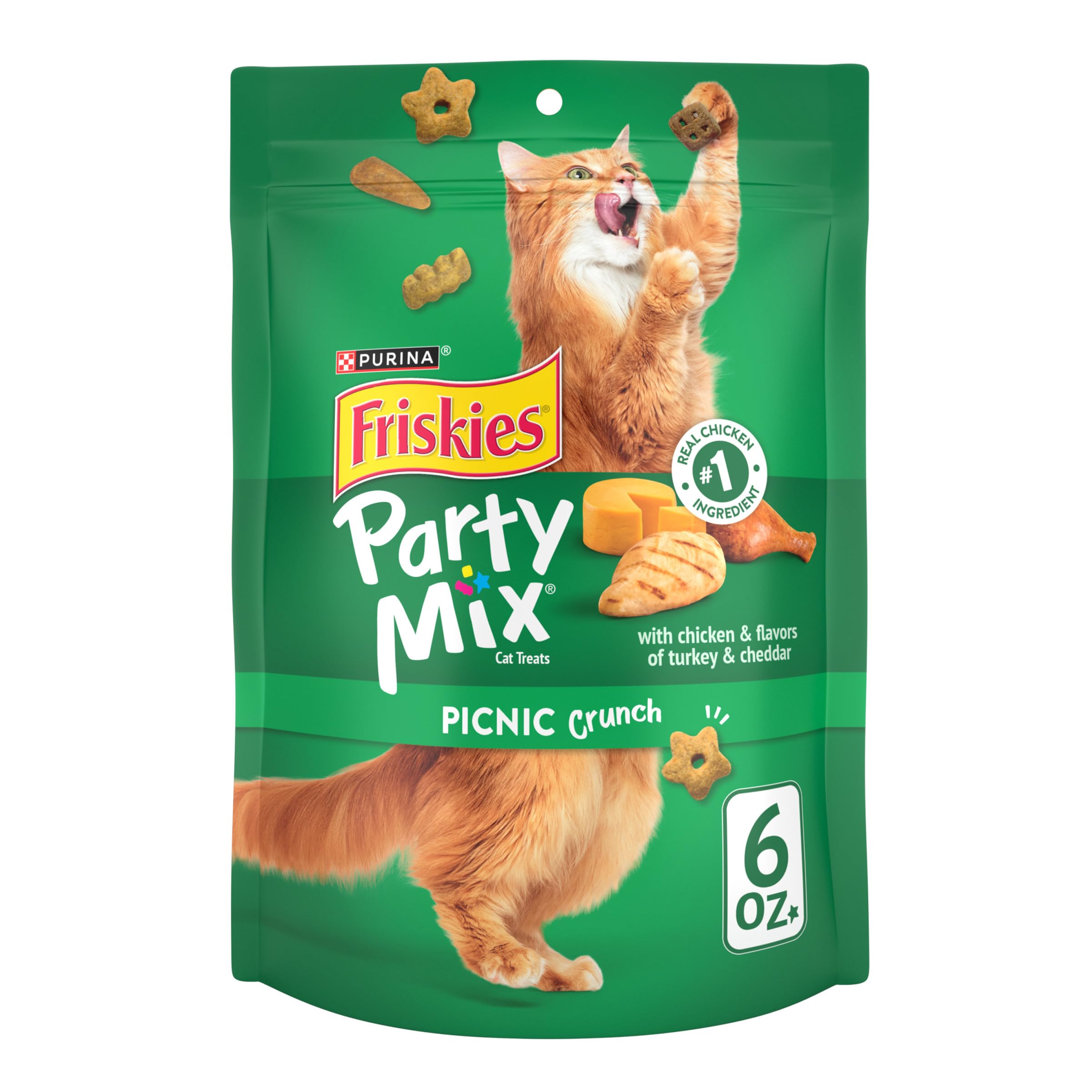 Friskies Party Mix Picnic Crunch en bolsa con cierre para conservar la frescura.
