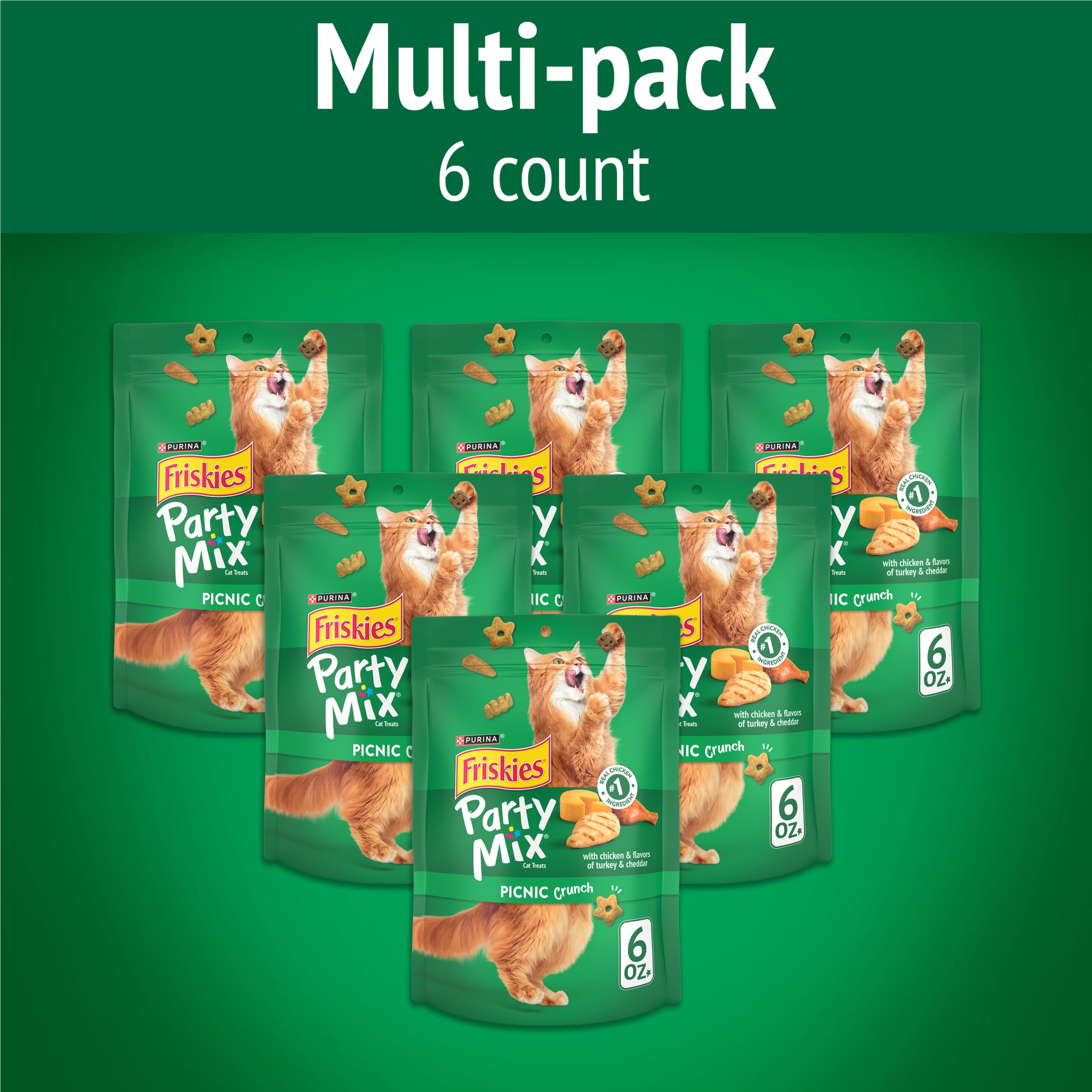 Friskies Party Mix Picnic Crunch con pollo real como ingrediente principal para sabor.