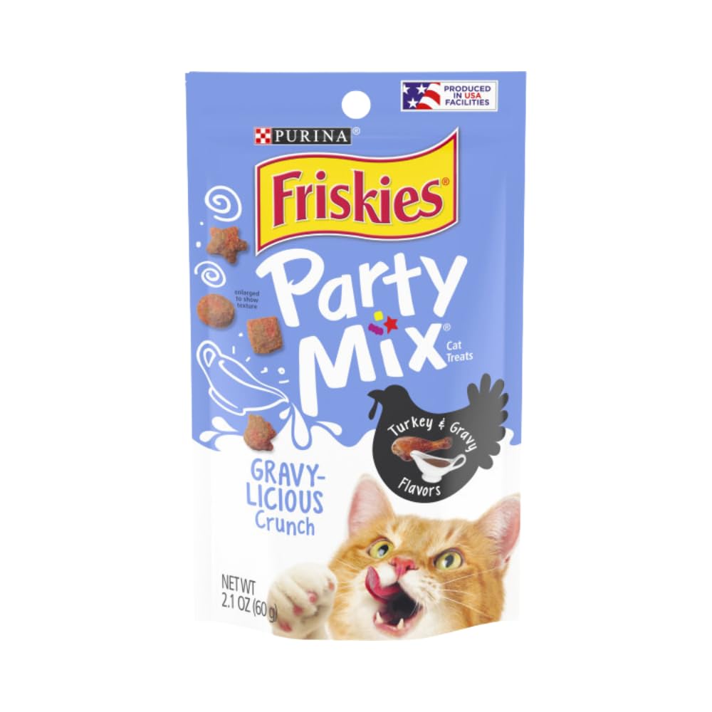 Friskies Party Mix con sabor pavo y salsa en bolsa reutilizable para recompensas.