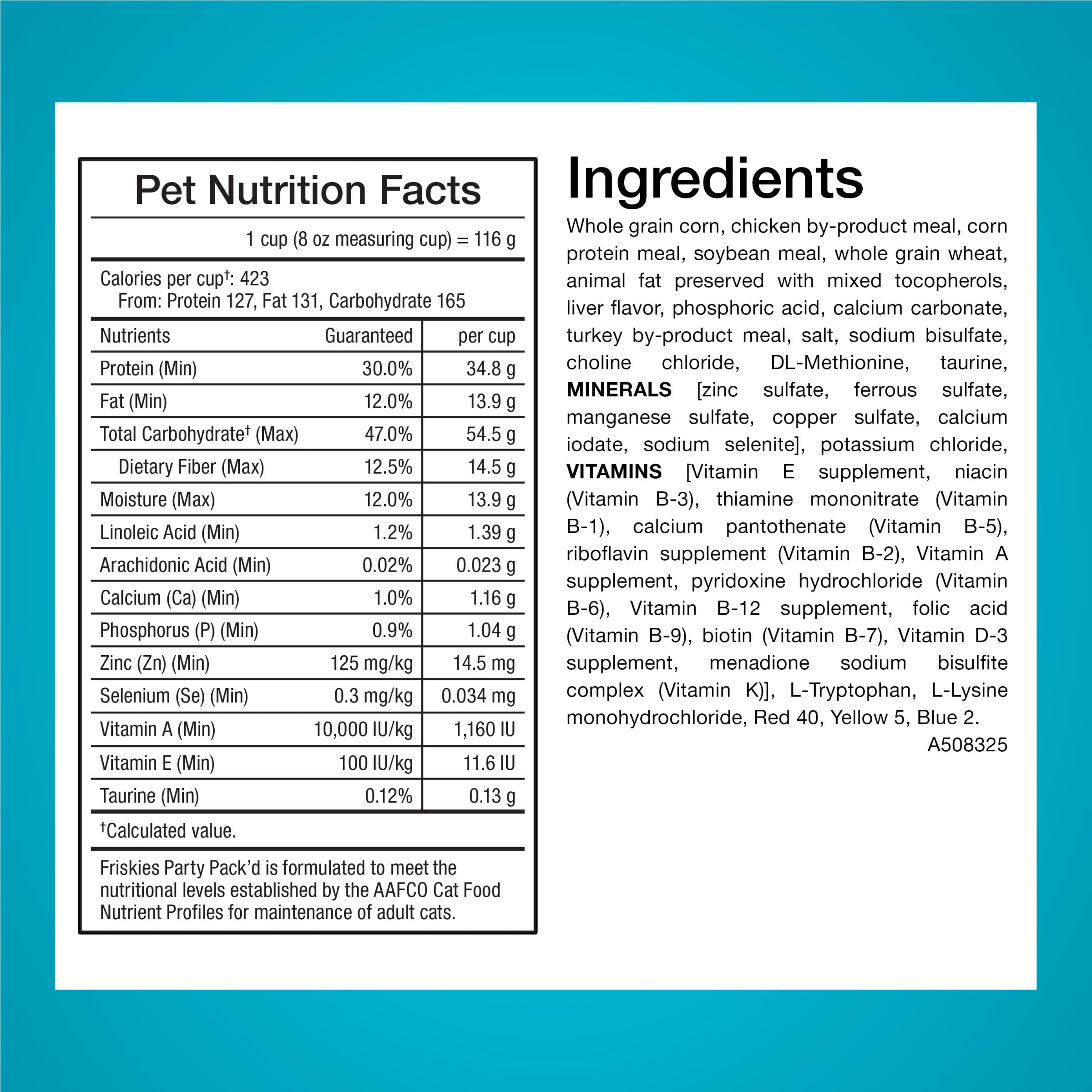 Friskies Party Pack’d alimento completo con 38 nutrientes esenciales para gatos adultos.