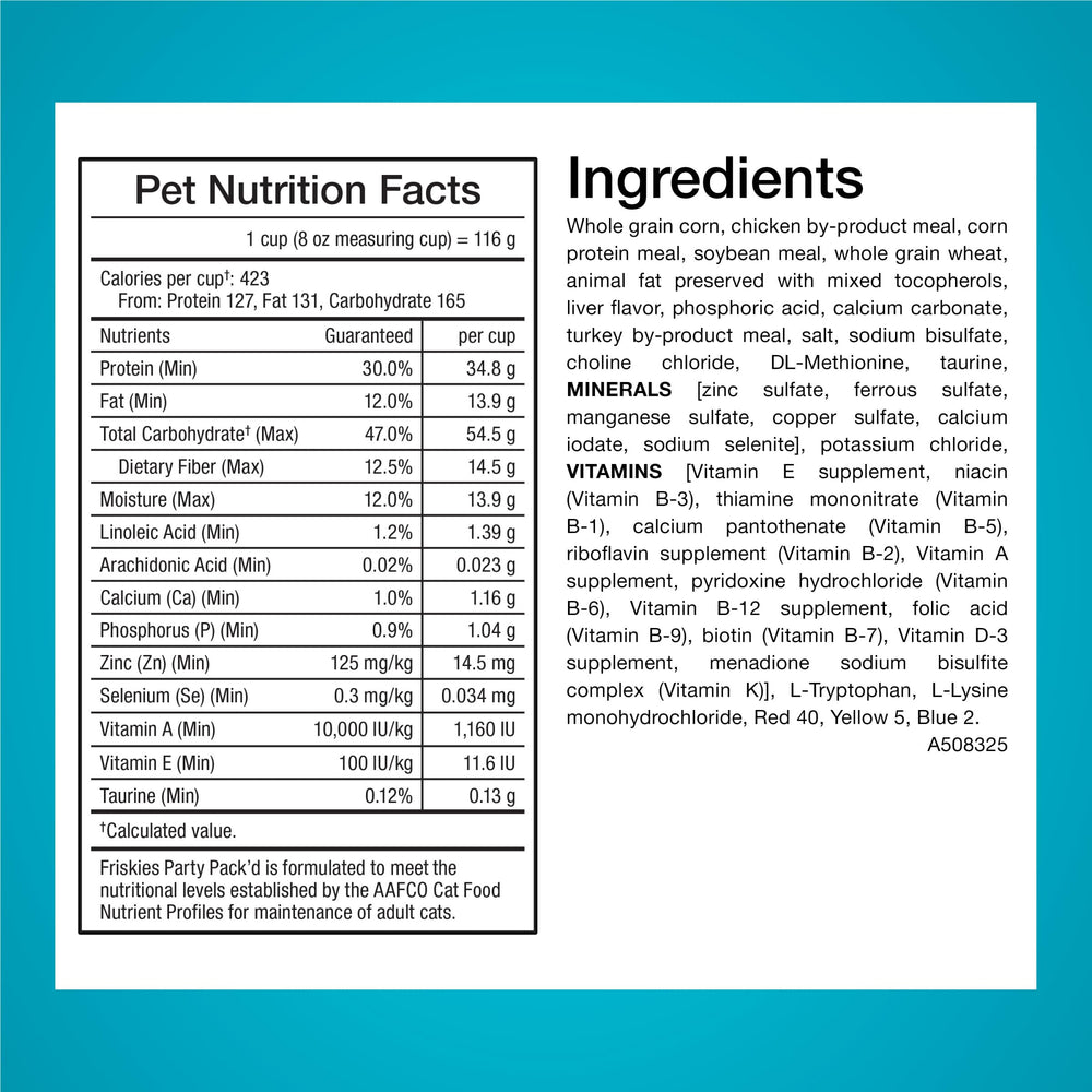 Friskies Party Pack’d receta completa con 38 nutrientes esenciales para gatos saludables.