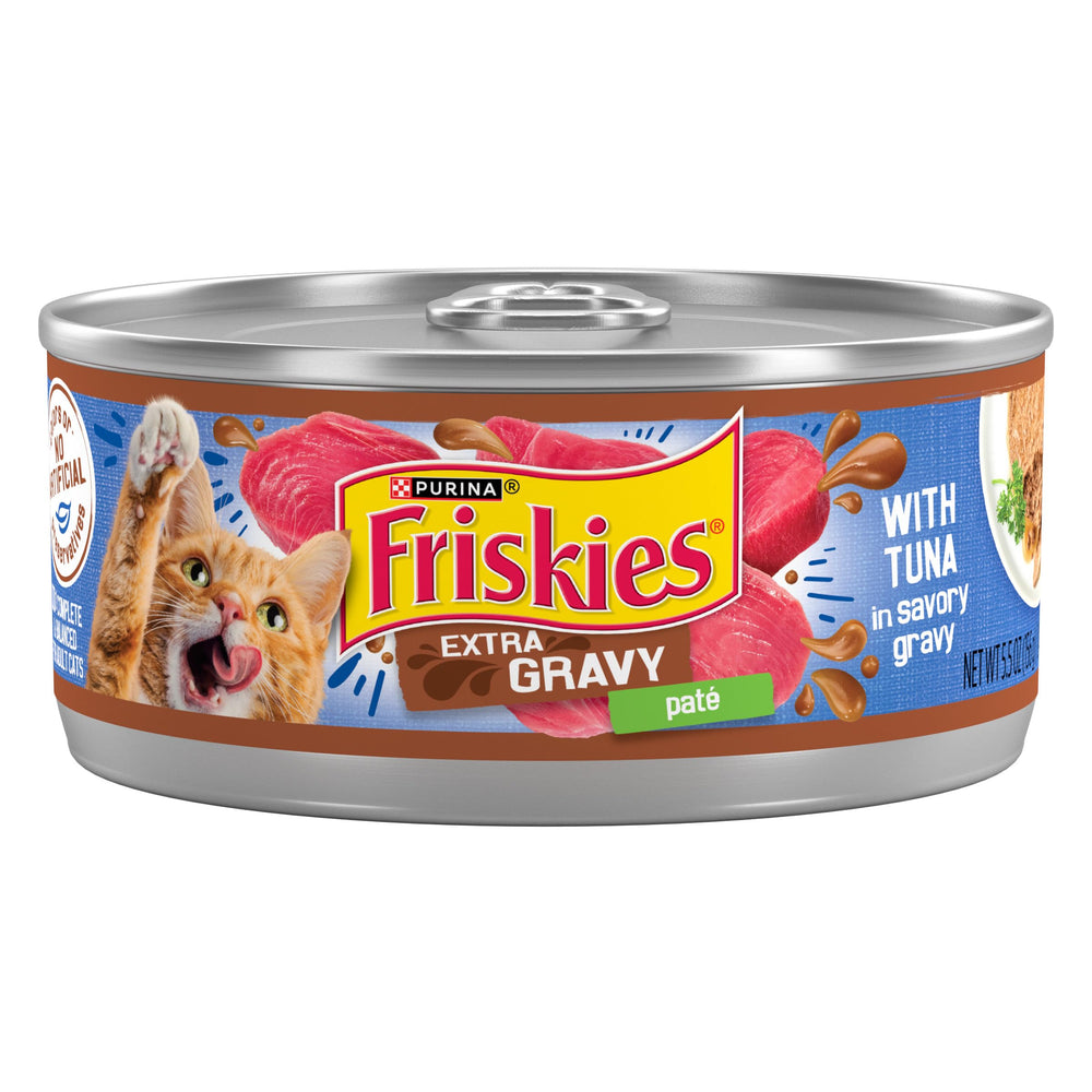 Friskies pate atun gravy extra en lata, textura suave para el plato del gato.