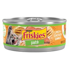 Friskies pate hígado y pollo: lata de comida húmeda sabrosa para gatos exigentes.