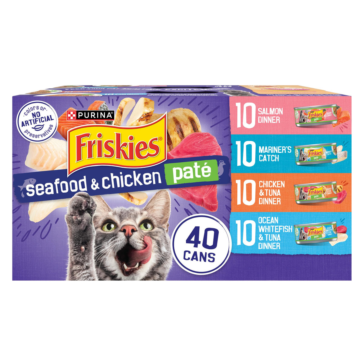 Friskies Pate Mariscos en lata, textura suave para el gusto de tu gato.