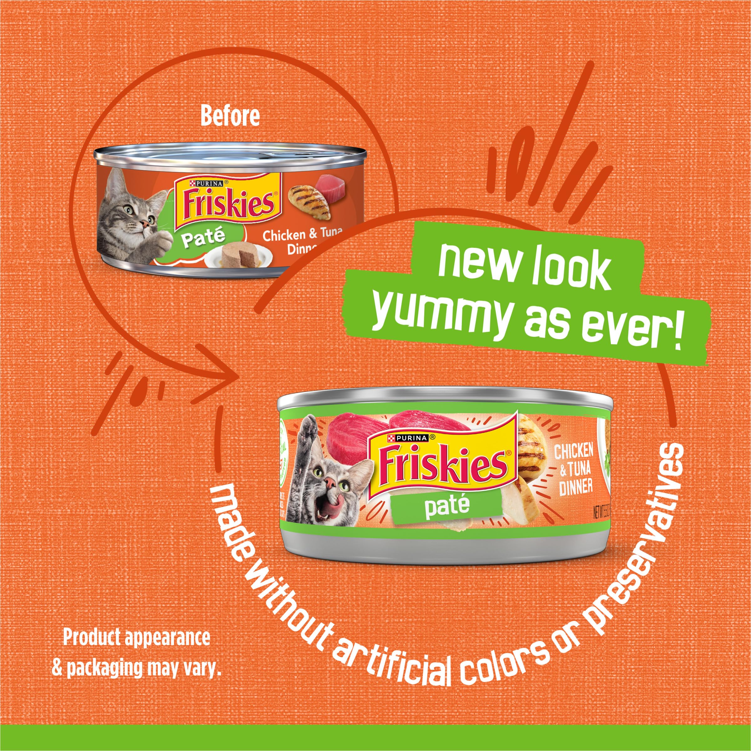 Friskies pate pollo y atun, lata abierta mostrando el interior
