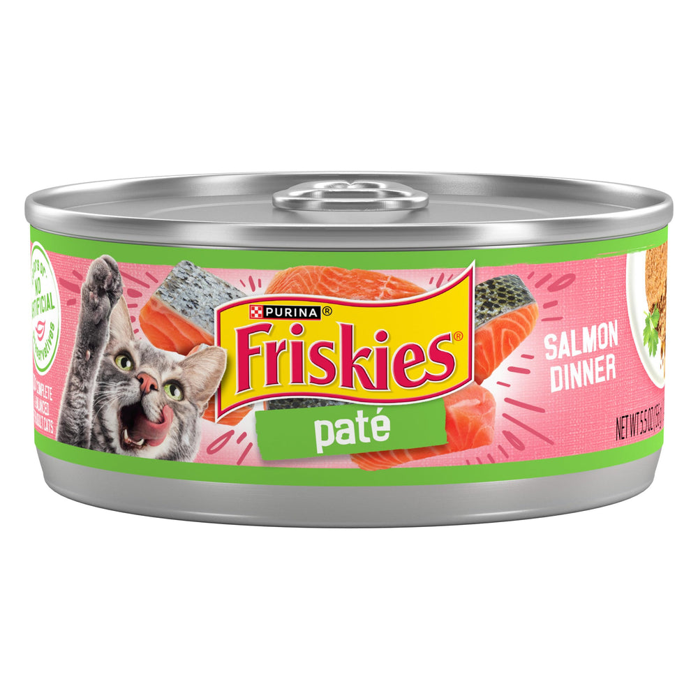 Friskies Pate Salmón Dinner, lata abierta, aroma tentador para la hora de comer
