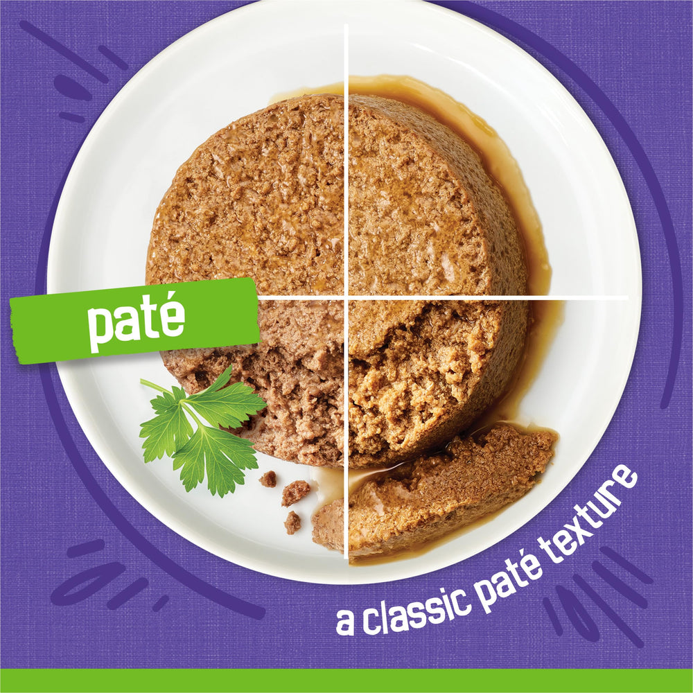 Friskies Pate Variedad Mariscos y Pollo, opciones diarias para su comida.