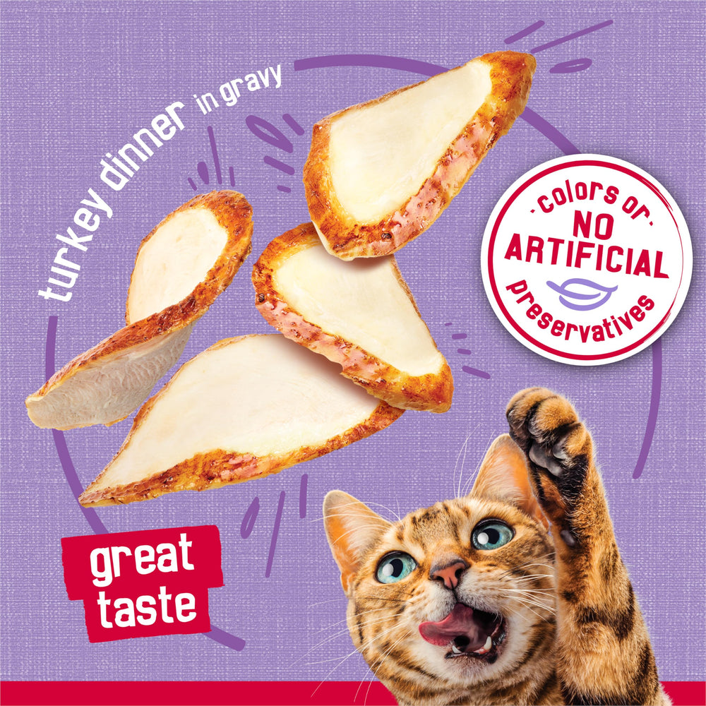 Friskies Prime Filets Turkey Dinner: envase reciclable para hábitos responsables.