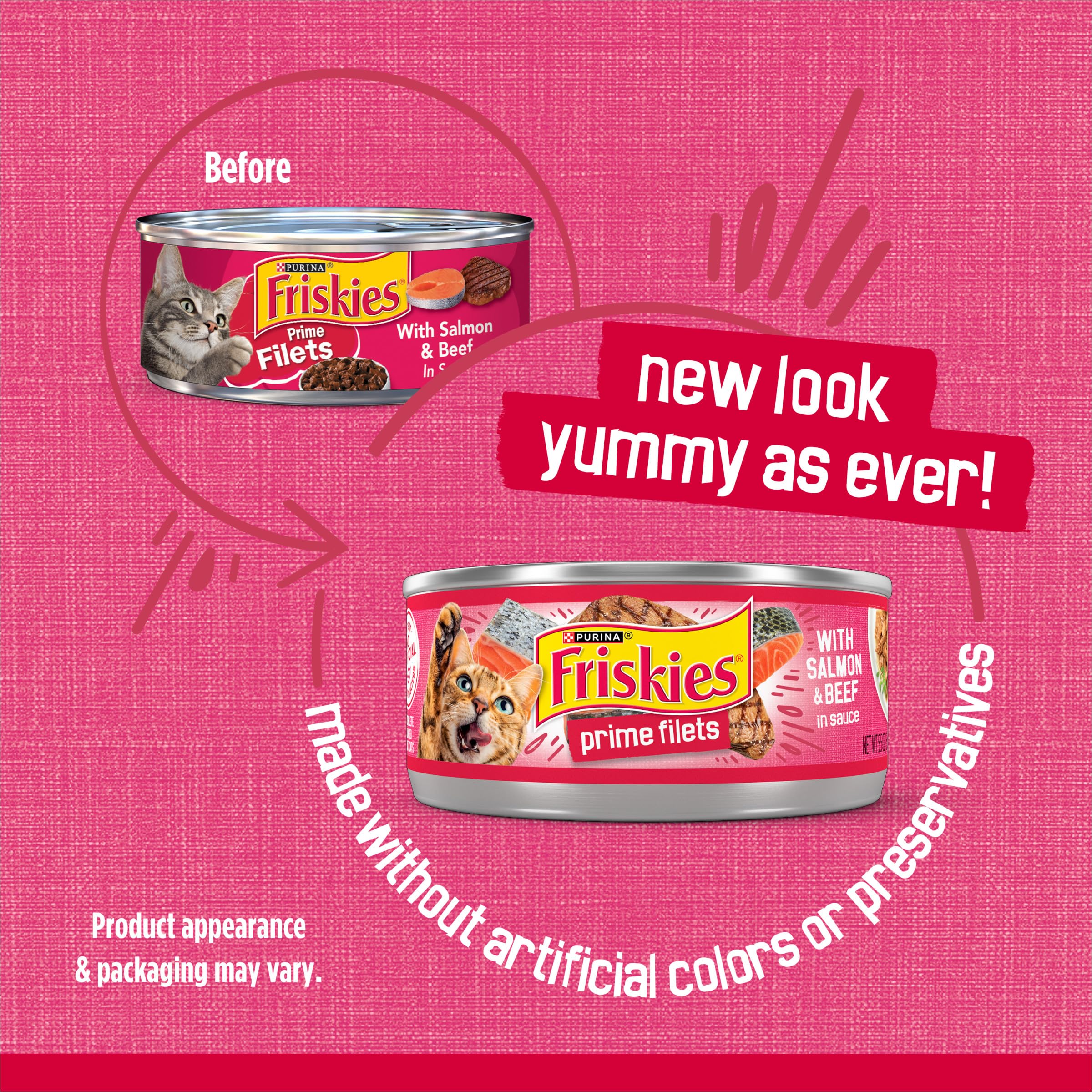 Friskies Prime Filets: trozos desmenuzados de salmón y carne en salsa