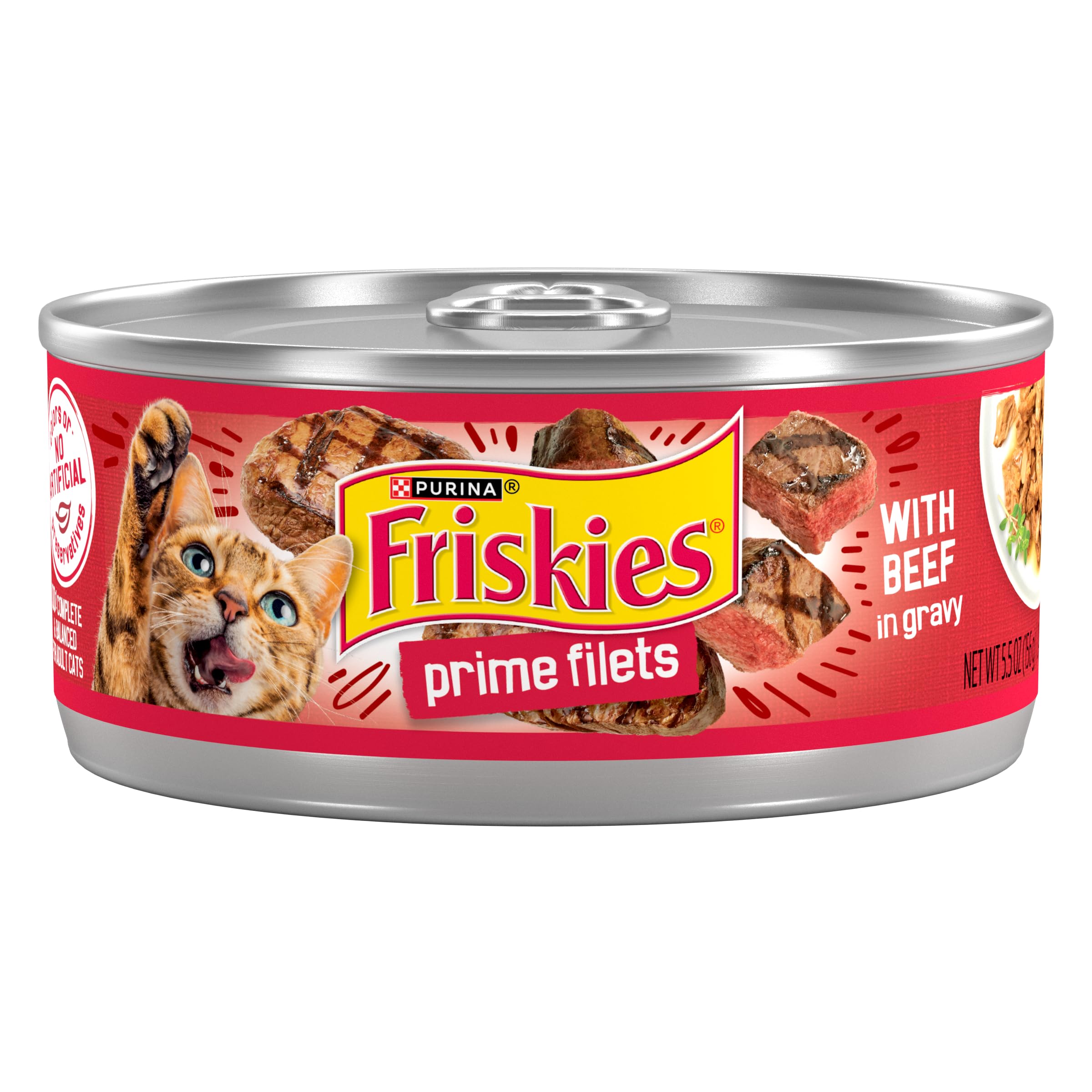Friskies Prime Filets con ternera en salsa, lata, sabor sabroso para gatos adultos.