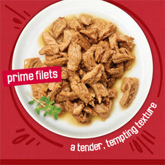 Friskies Prime Filets en salsa, aroma rico que invita a comer.