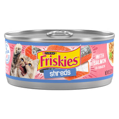 Friskies deshebrado con salmón en salsa, lata 01: textura tierna para gatos adultos.