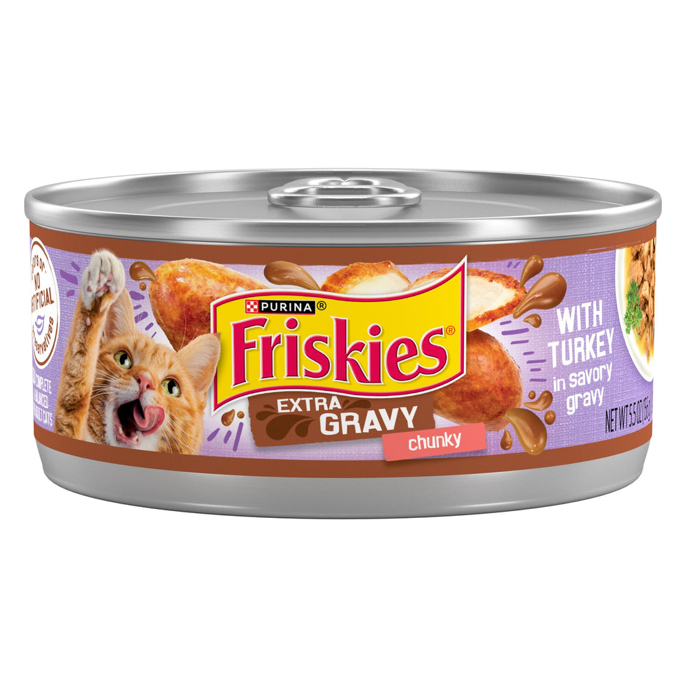 Friskies con trozos de pavo en salsa sabrosa, ideal para gatos.