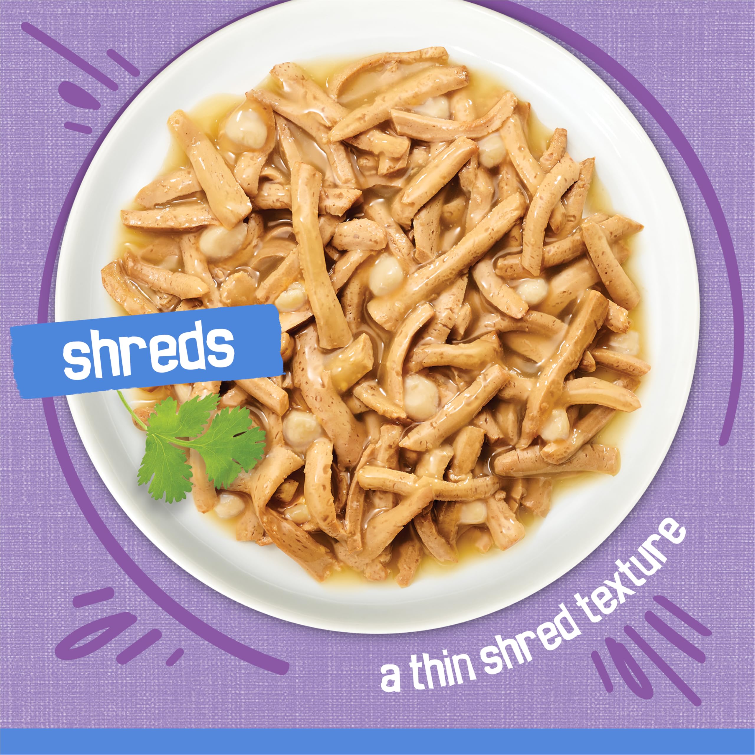 Friskies Shreds pavo queso en salsa: textura tierna y deshilachada para masticar.