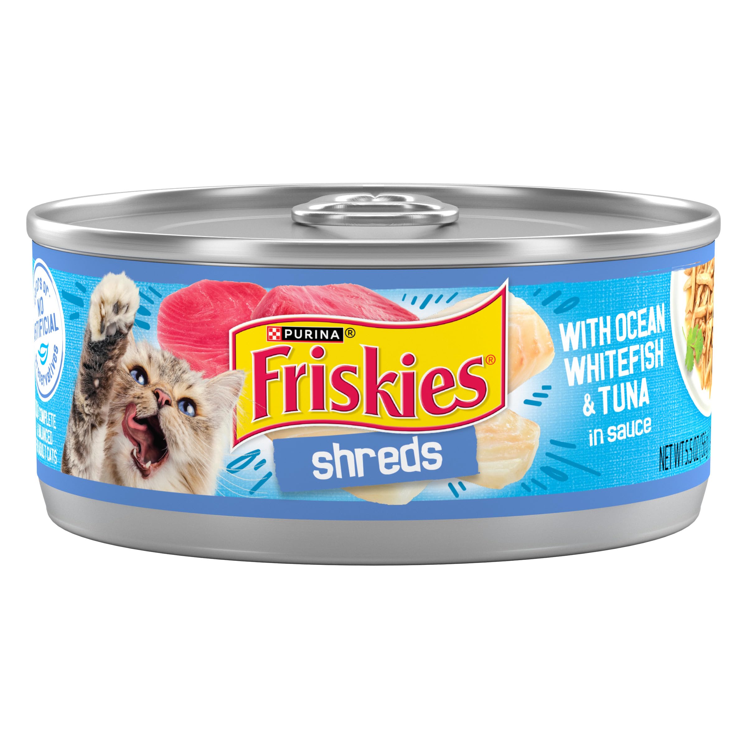 Purina Friskies Shreds trozos tiernos de fletán blanco y atún en salsa en lata 156 g