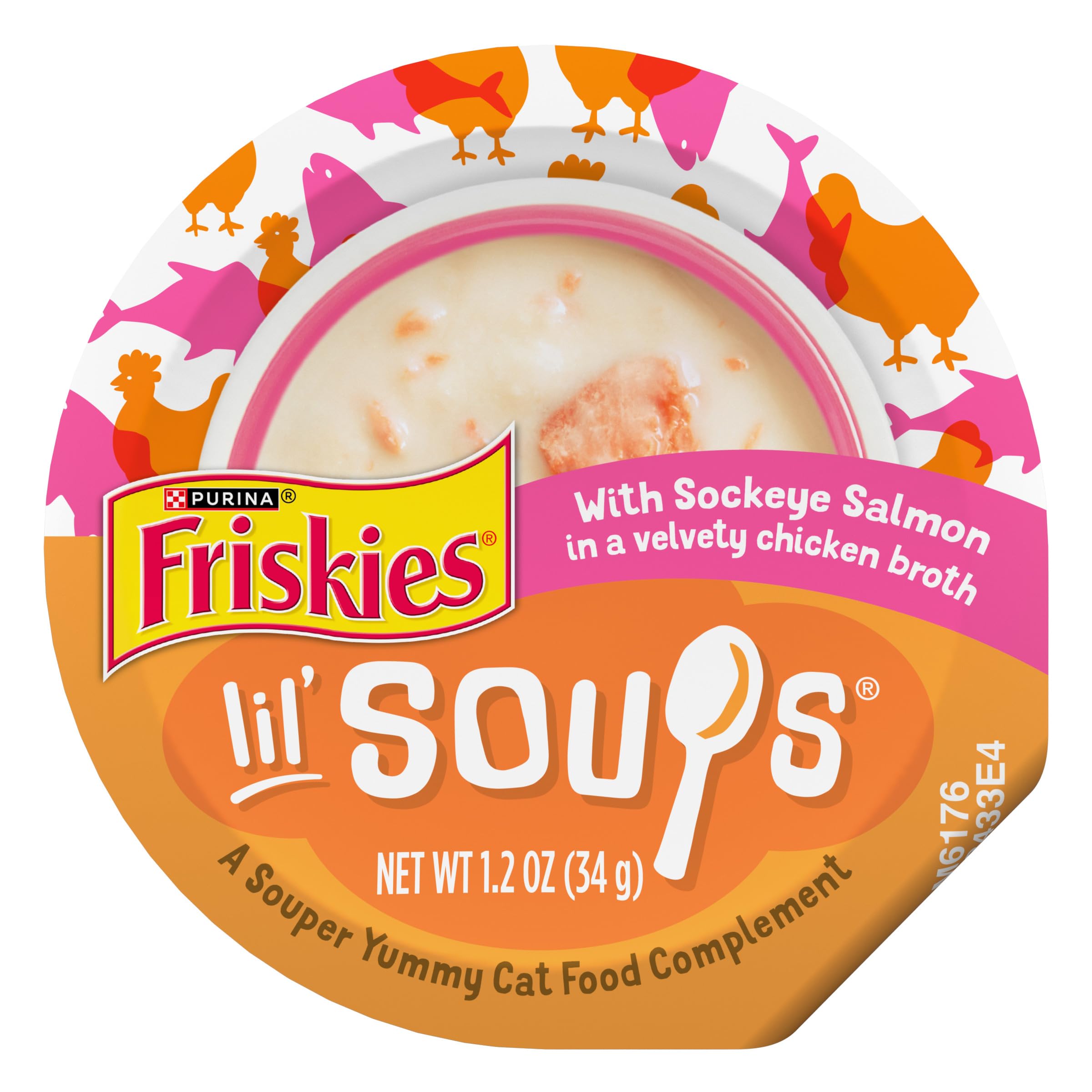 Friskies sopas con salmón sockeye en caldo de pollo, lista para servir en copa.