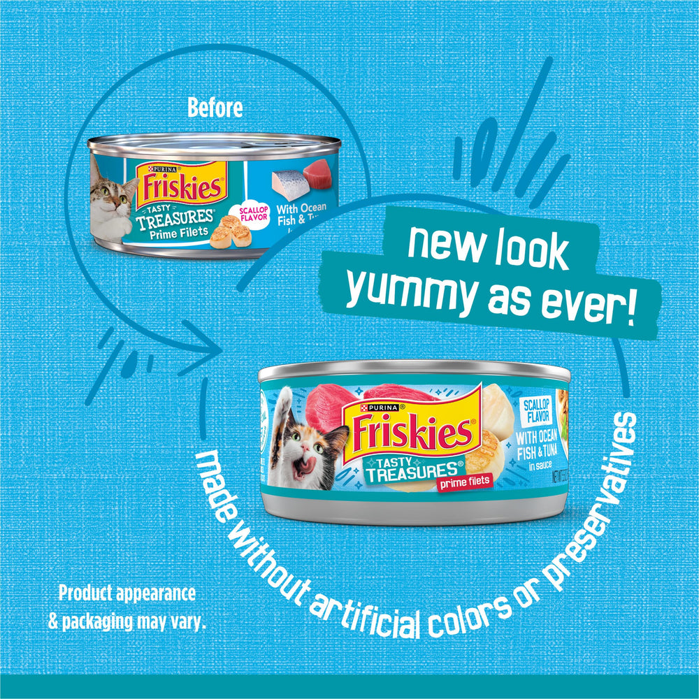 Friskies Tasty Treasures, gato disfruta salsa marina, sabor marino para su comida