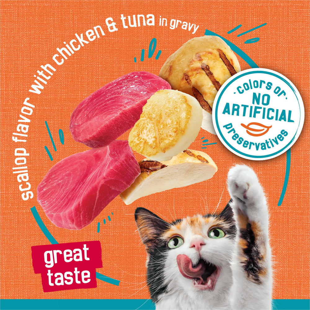 Friskies Tasty Treasures sabor vieira que complementa proteína para gatos adultos
