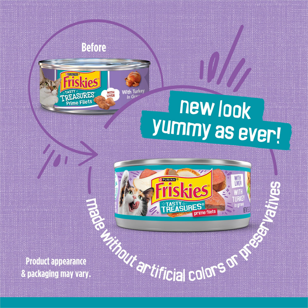 Latas de Friskies Tasty Treasures con pavo y hígado en salsa, porciones sabrosas.