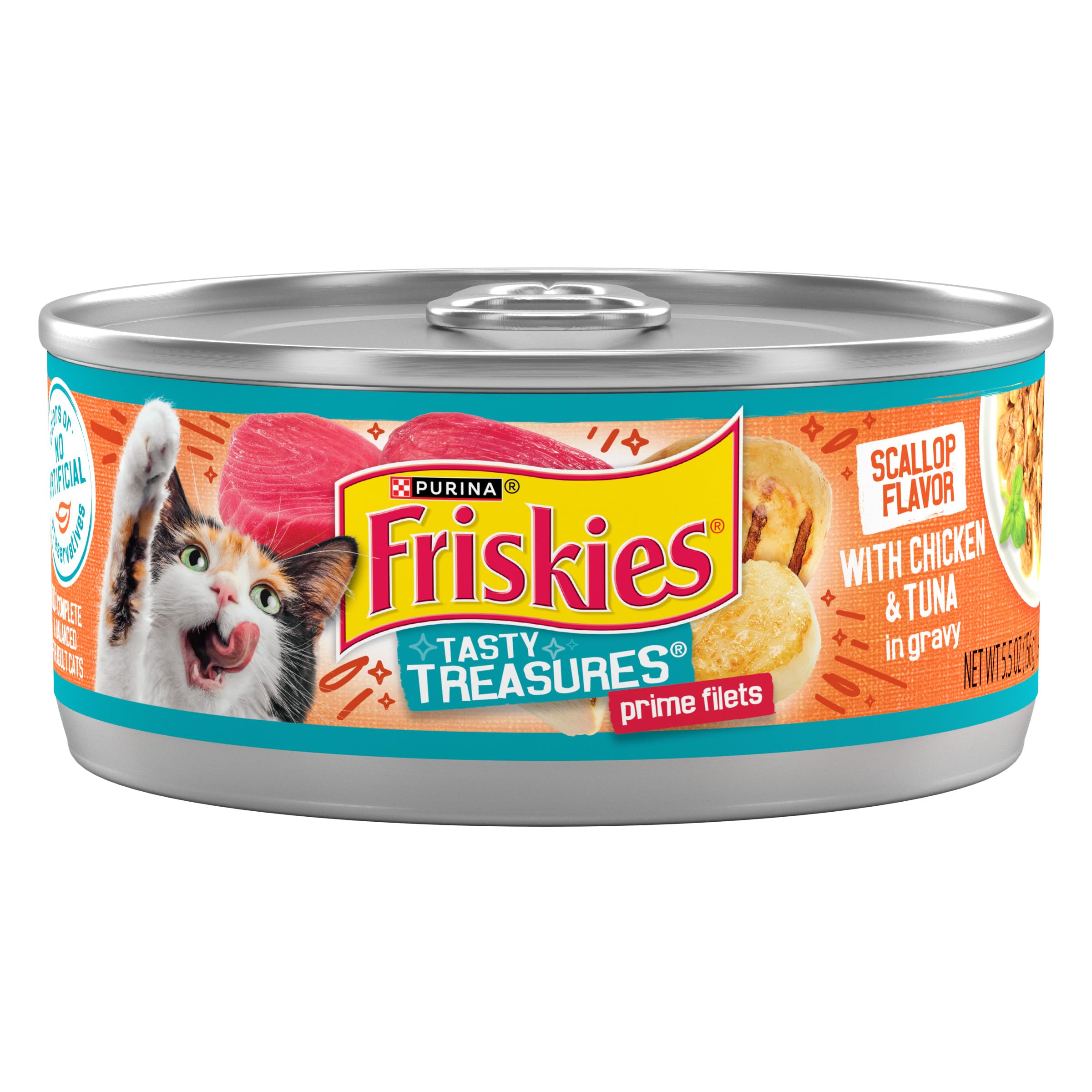 Purina Friskies Tasty Treasures trozos pollo-atun en salsa vieira, lata 5,5 oz ideal para cada comida