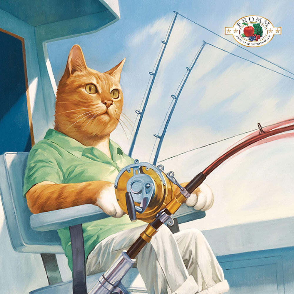 Fromm Four-Star Salmon Tunachovy, gato comiendo, sabor y textura atractivos para paladar felino.