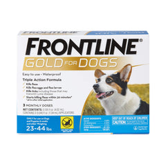 Frontline Gold: empaque de tres dosis para perros medianos, protección continua contra pulgas.