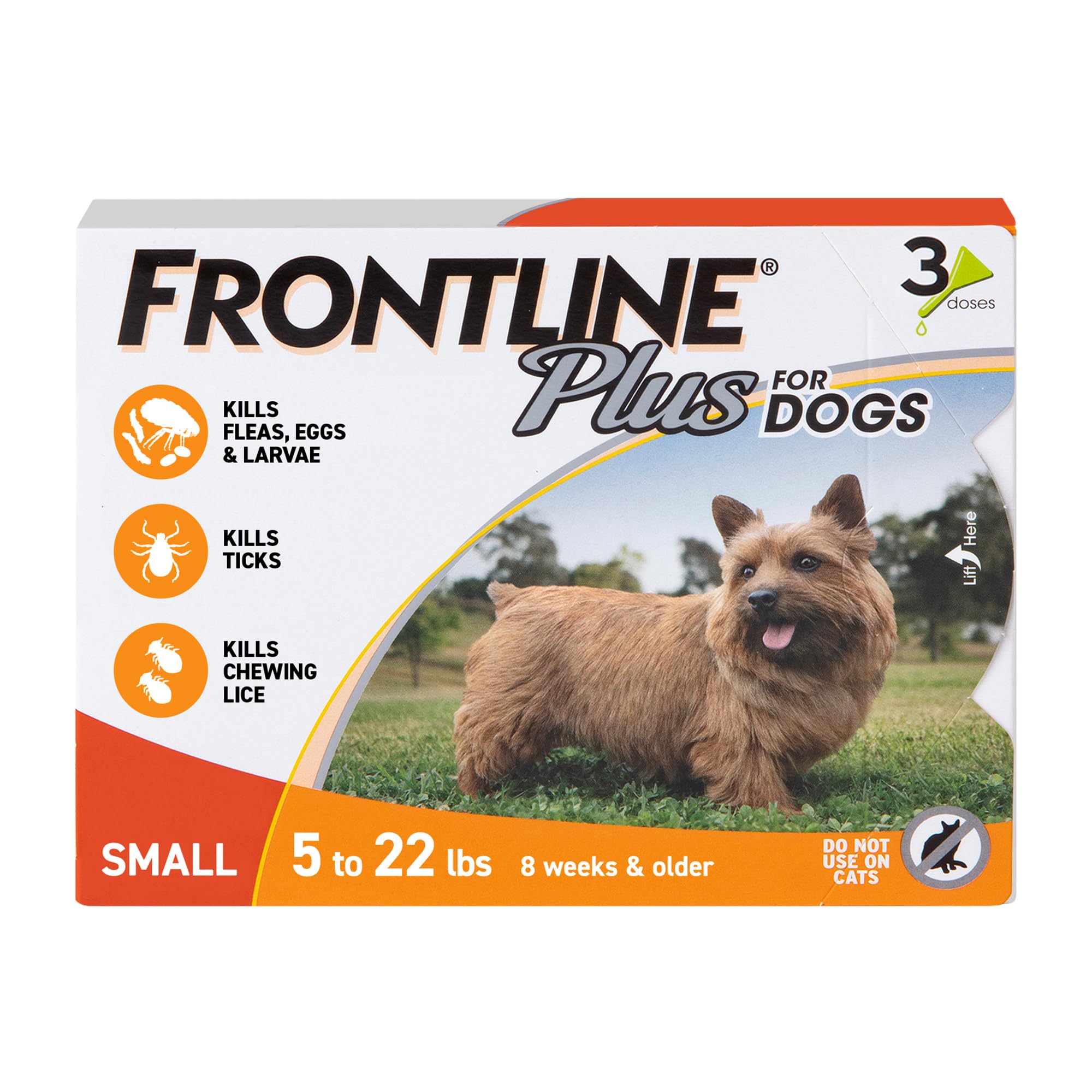 Frontline Plus: aplicación mensual en todo el cuerpo para protección contra pulgas en perros pequeños.