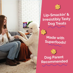 Fruitables 8-calorie dog treat on hand for frequent rewards.